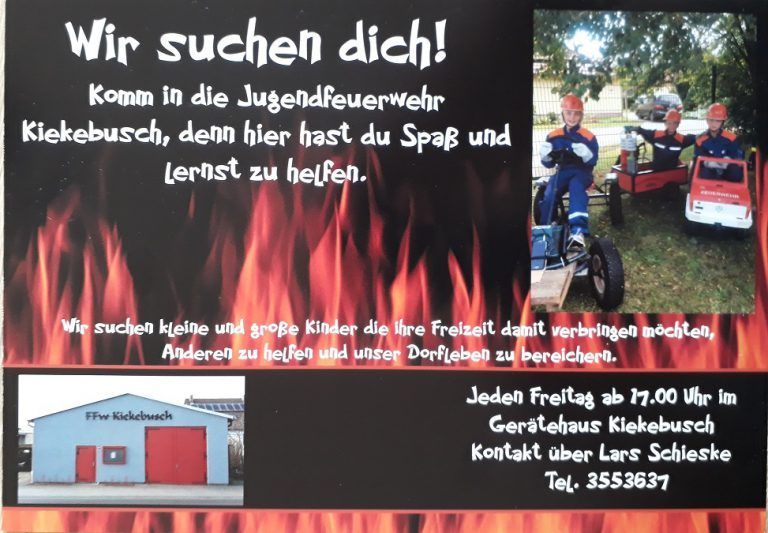 Ein Aufruf zur Jugendfeuerwehr, ein Feuerwehrfahrzeug und ein Gebäude